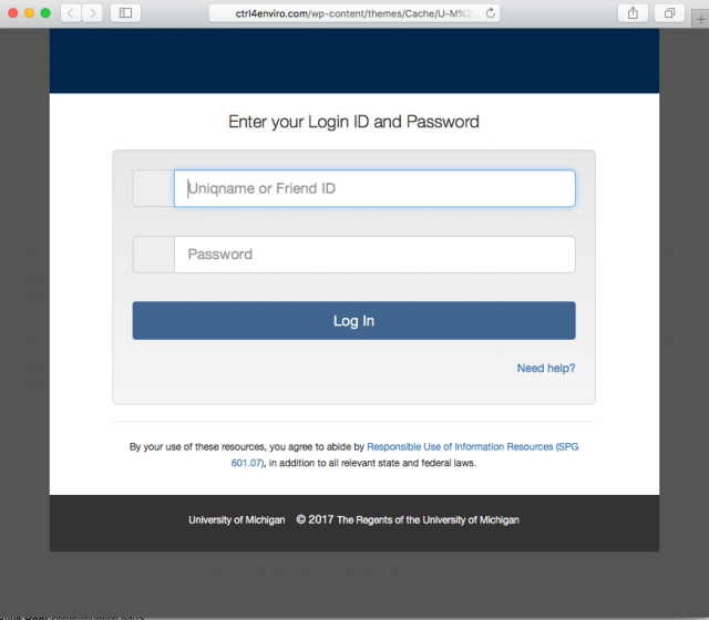 A fake University of Michigan login page is presented by the link. 