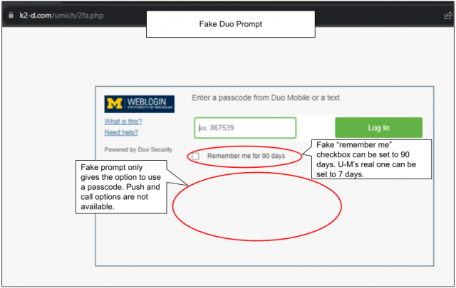 Screen shot of fake Duo prompt with circle around remember me checkbox that says 90 days (U-M's real one is set to 7 days) and with a white space circled, showing that the fake prompt does not have the option to use a push or a phone call.