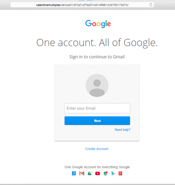 Fake Google login page is presented in the message.