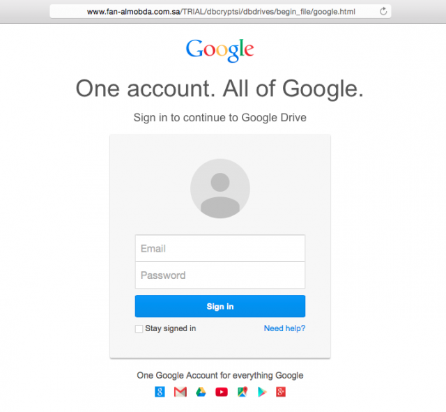 Fake Google login page is presented by link. 