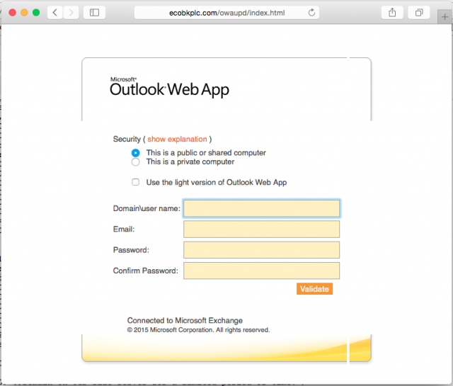 Fake Outlook login page is presented by link.
