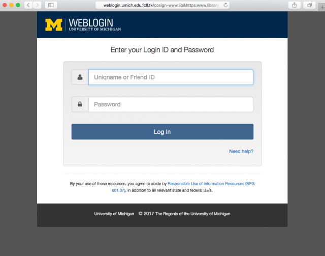 A fake University of Michigan login page is presented by the link. 