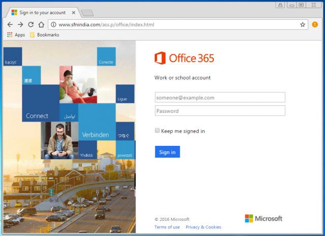 A fake Office login page is presented by the link. 