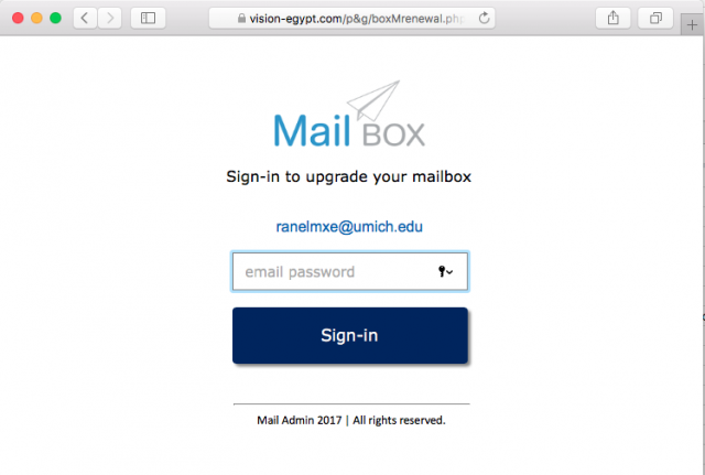 A fake login page is presented by the link.
