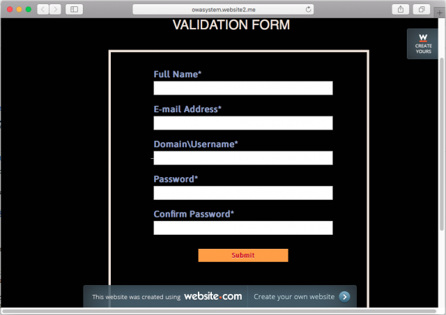 A fake validation form is presented by the link in the email. 