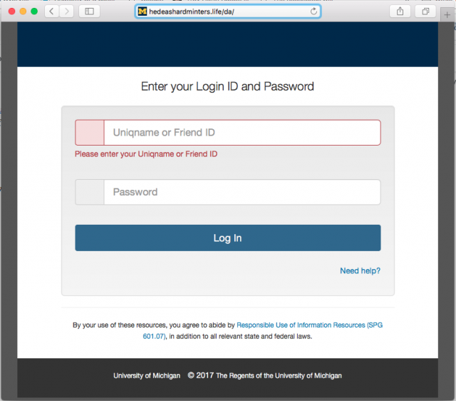 A fake university of Michigan login screen is presented by the link in the phishing email.