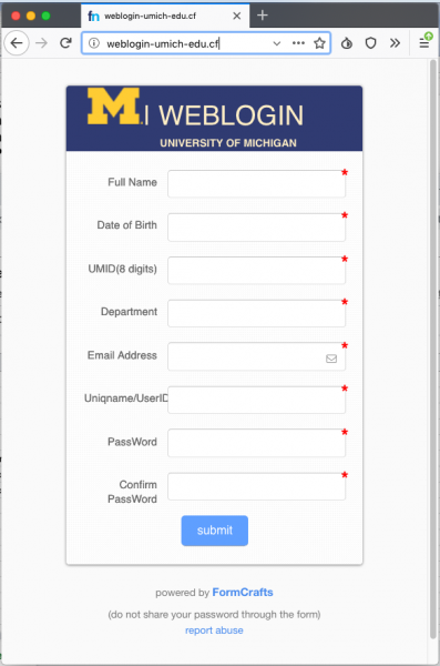 A fake login page with imitation U-M branding is presented by the link. The URL of the fake is not the real U-M weblogin URL.