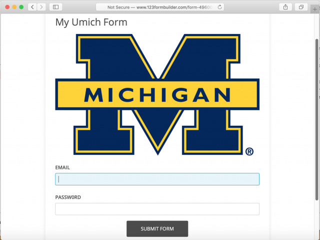 A fake U-M login site is presented by the link in the phishing email. The fake site has an incorrect URL. 