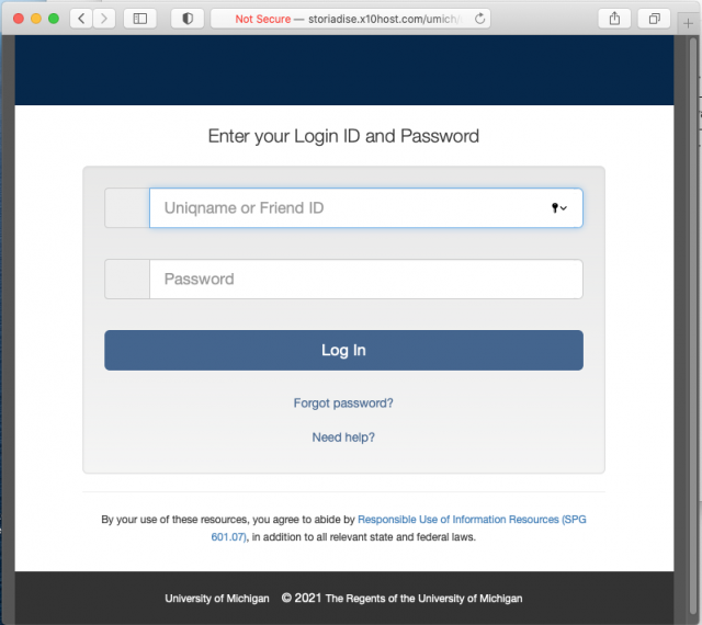Screen shot of a fake U-M web login page. Always check the URL before logging in with your U-M credentials.