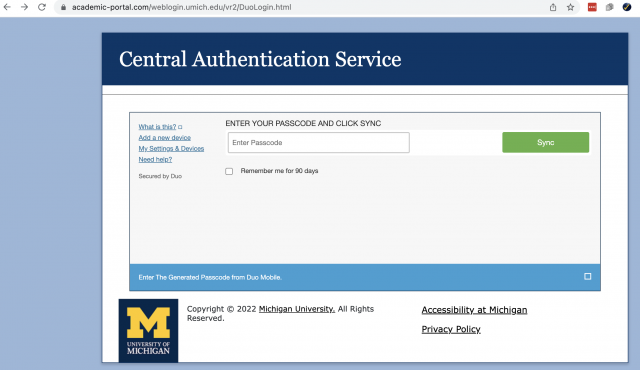 Image of a fake authentication site that asks for Duo codes.