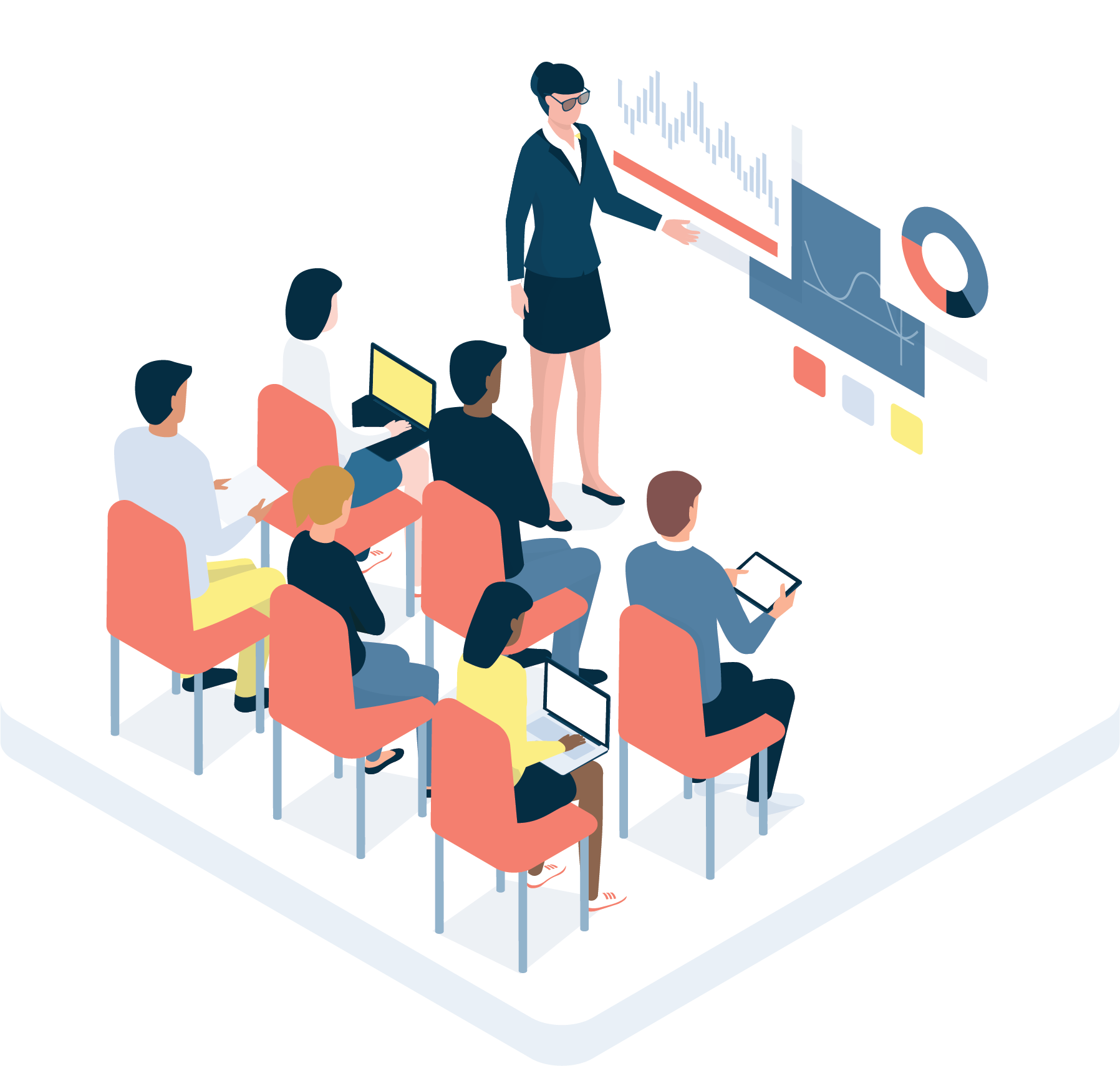 graphic of instructor pointing at board containing charts, in front of students
