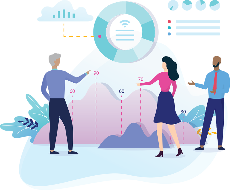 graphic of 3 people standing and pointing at data charts