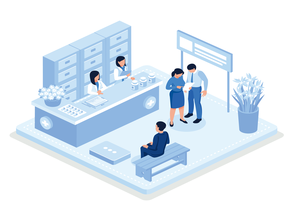 graphic of medical waiting room with patients and front desk workers