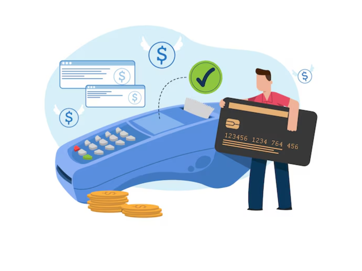 graphic of person holding large bank card with card reader in background