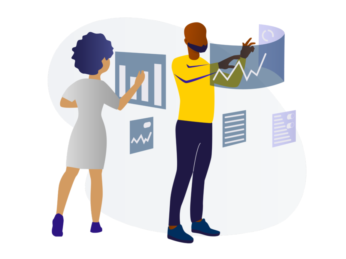 graphic of two people interacting with data in front of them
