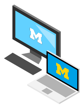 two monitors with U of M block M on screen
