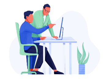 graphic of person helping someone at computer