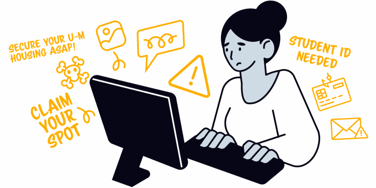 agitated student at computer with popup messages surrounding them