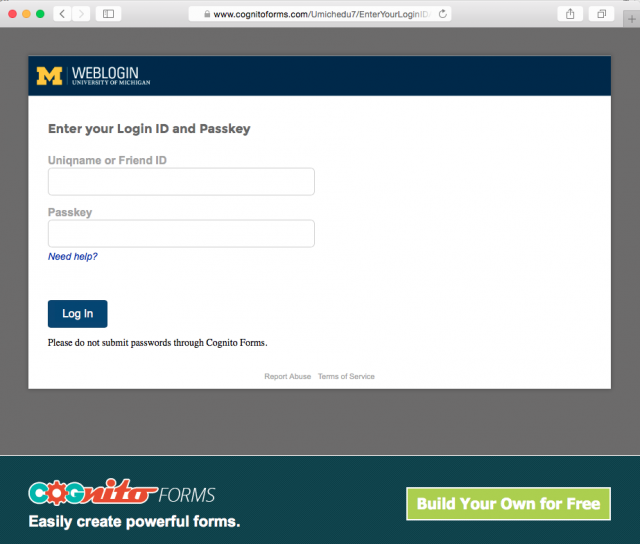 Fake U-M Login page is shown in message.