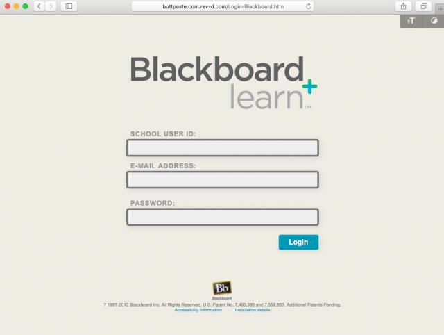 Fake Blackboard login is presented by the link. 