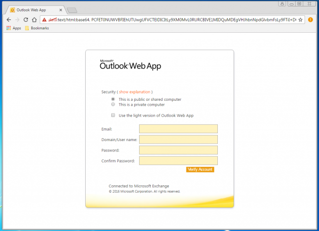 A fake Outlook login page is presented by the link.