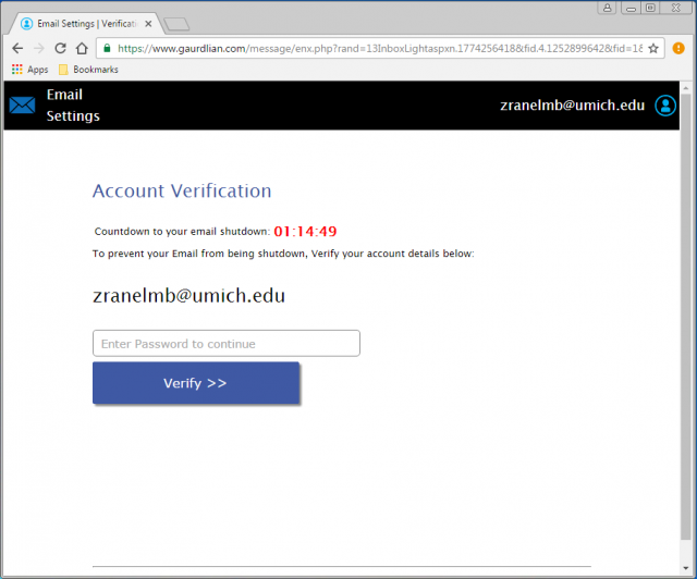 A fake verification page is presented by the link. 