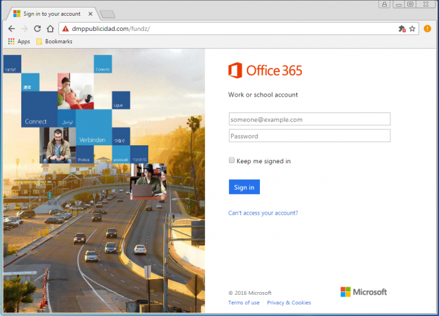 A fake Office login page is presented by the link.