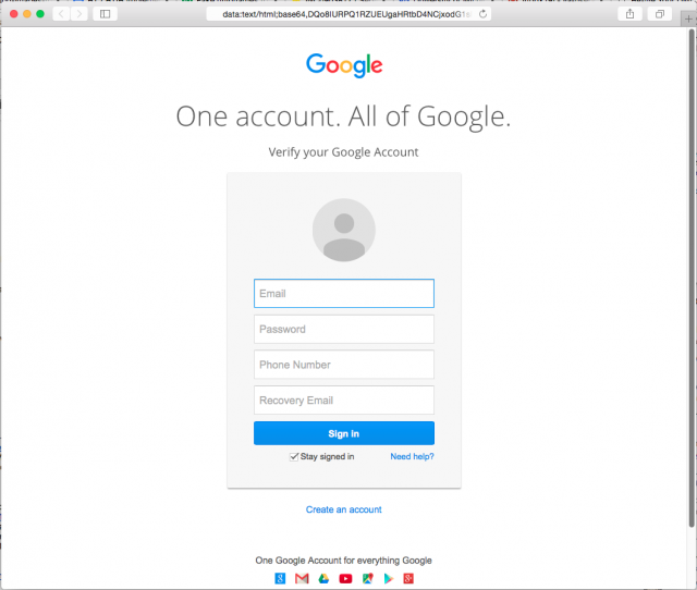 Fake login page is presented in the message.