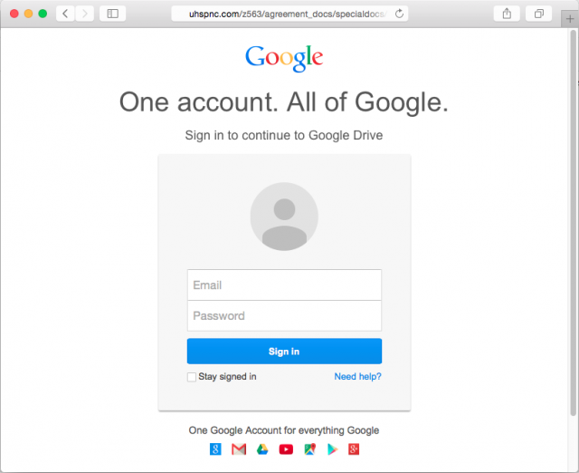Fake Google login page is presented by link. 