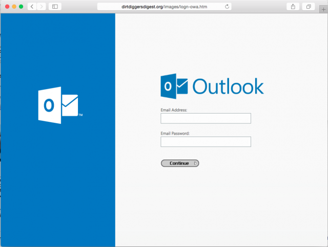A fake Outlook login page is presented by the link. 