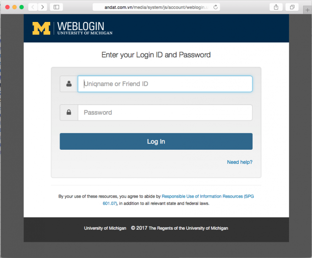 A fake University of Michigan login page is presented by the link. 