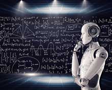 White, human-shaped droid with fingers under chin in a concentrating posture with a dark, chalkboard background with formulas/data under spotlights.