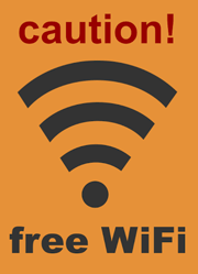 WiFi symbol with text on orange background: caution! free Wifi
