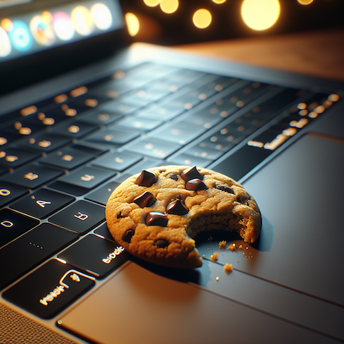 Chocolate chip cookie on a laptop with a bite out of it.