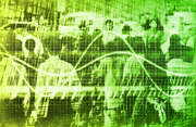 Green digitized image of a graph over a crowd of people