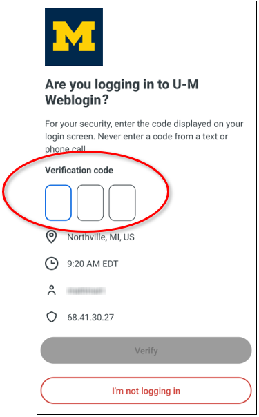 Duo Mobile App Verified Duo Push screen - verification code circled