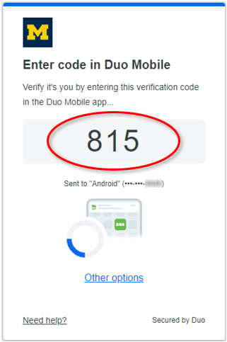 Prompt for Duo Verified Push Notification with 3-digit verification code circled