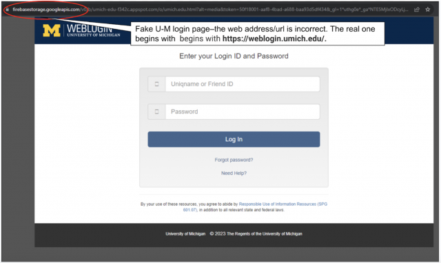 Screenshot of fake U-M login page with incorrect url circled. U-M's real login url begins with https://weblogin.umich.edu/.