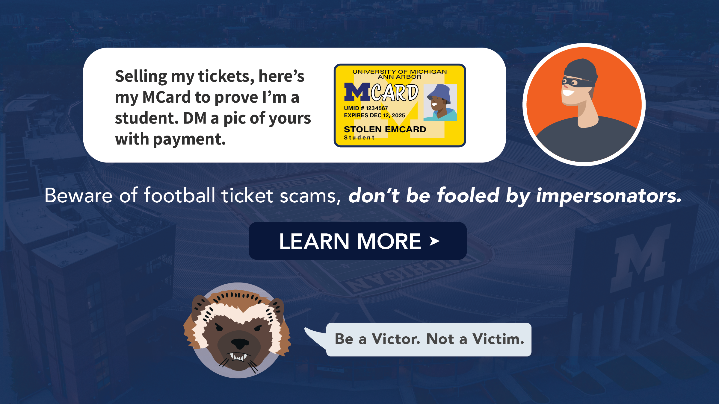 Image that includes an M-Card, a bad guy in a mask, and a wolverine, warning you to beware of football ticket scams. Click for more.