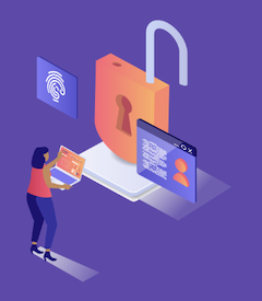 Purple and orange graphic/representational image of a person holding a device while looking at an ID and a padlock on a device.