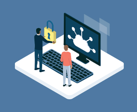 Graphic of two tiny people standing on a computer. One is holding up a padlock in front of the screen to protect it. Networking image on the screen.