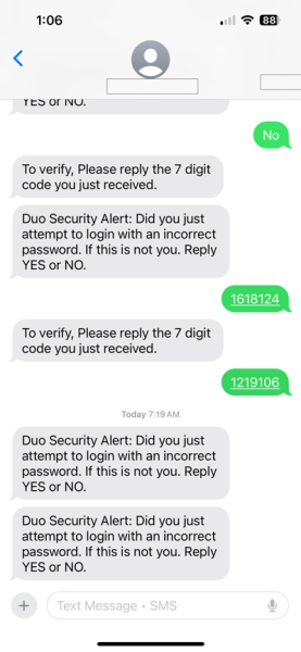 Screenshot of texts impersonating Duo, trying to steal Duo Passcodes.