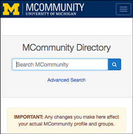 Image of the search box on the new beta interface to the MCommunity Directory.