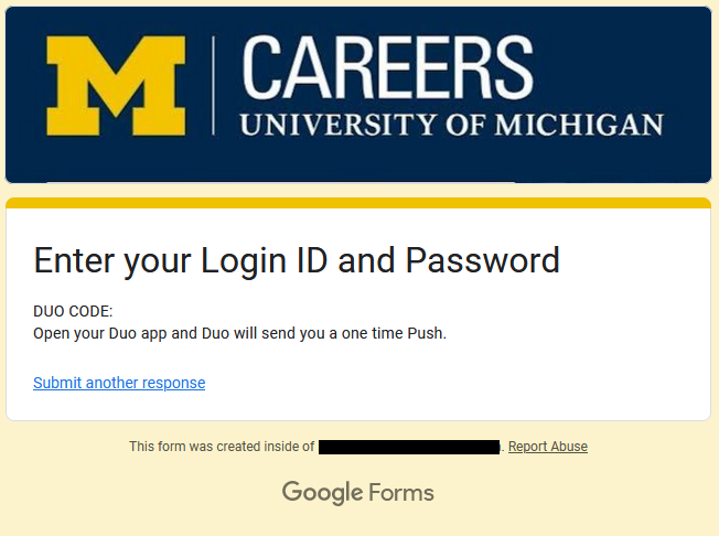 Page made to look like a U-M careers page instructing you to approve a fraudulent Duo push notification.