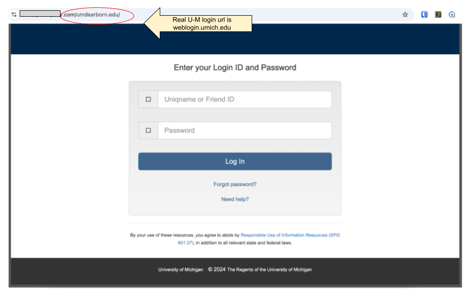 Fake Weblogin page with incorrect url circled. Should be weblogin.umich.edu.