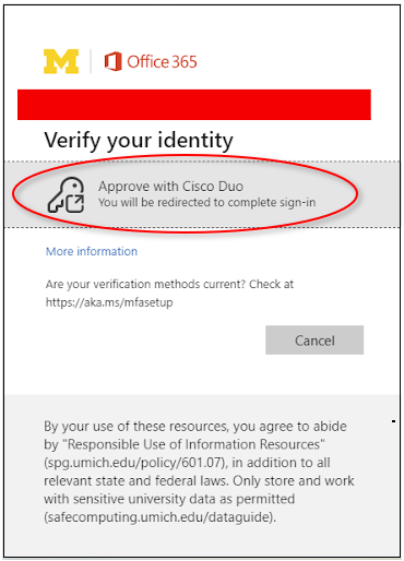 Microsoft 365 Verify Your Identity Prompt - Approve with Cisco Duo circled