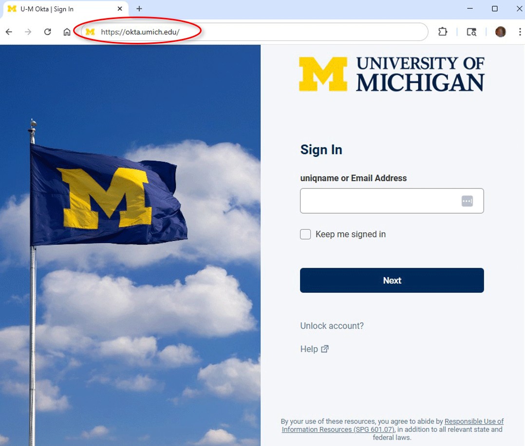 U-M Okta Sign In Screen