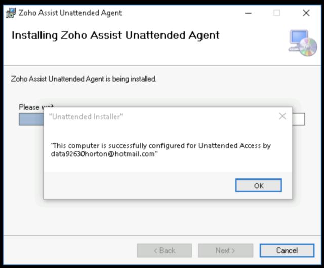 Second phishing screenshot. This shows the installer for the malicious remote management software, Zoho. It will ask for permission to control your computer, a sure sign of a scam.