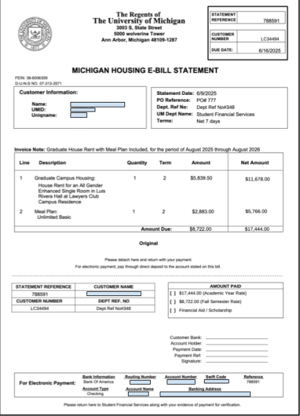 Image of a fake billing form for housing and a meal plan. The fake bill contains some elements of real housing information in an attempt to trick recipients.