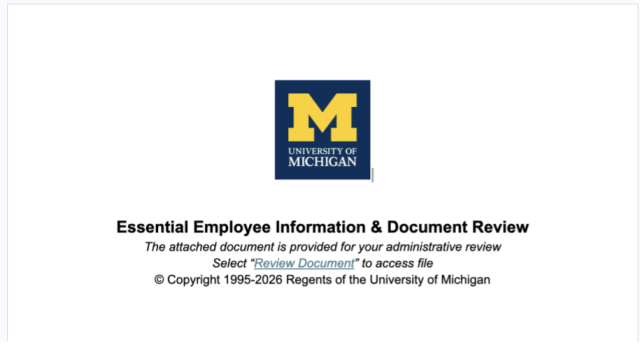 U-M branded screen that asks you to review a document. It is fraudulent.